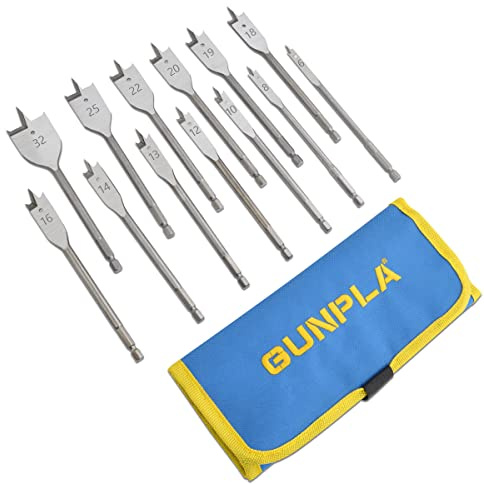 Gunpla 13tlg. Professional Flachfräsbohrer Set 6-32mm, 1/4 Sechskantschaft, Holzbohrer Flachsenker für Weich- und Hartholz, in Rolltasche