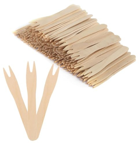 OUDQFCJ 100 Holzgabeln Pommesgabel Pommespieker aus Holz Holzbesteck Partybesteck Partygeschirr für Party Geburtstag Camping und Picknick (85MM)