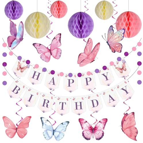 Geburtstagsdeko Mädchen: Lila Happy Birthday Banner Wabenball | Lila-rosa Deko-Set - Banner Wabenbälle Schmetterlinge - wiederverwendbar - einfach - Für Mädchen & Frauen Party Deko