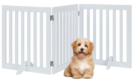 unipaws Freistehendes Absperrgitter Hund, Treppenschutzgitter ohne Bohren, Holz Kindergitter Klappbar，Türgitter Hunde Kaminschutzgitter mit Füßen, weiß (3 Elemente, 61 cm Hoch)
