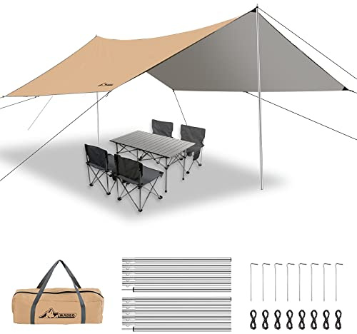 WADEO Camping Zeltplane Wasserdicht 4 x 3 m, Plane Regenfliege mit Stangen Heringen Zeltspannleinen, Ultraleichtes Camping Tent Tarp, Ideal für Picknick im Freien - Khaki