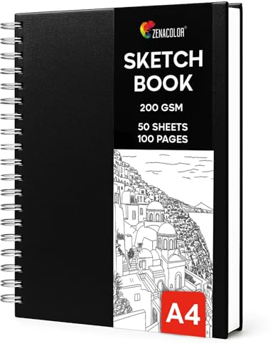 Zenacolor A4 Skizzenbuch – 200g/m² Dickes Skizzenpapier, 100 Seiten / 50 Blatt – Skizzenblock Hardcover & Spiralgebunden – Zeichenblock für Skizzen, Illustrationen & Porträts