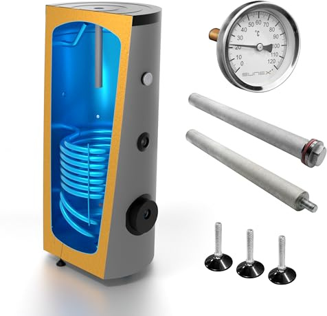 SUNEX Warmwasserspeicher 150L - Brauchwasserspeicher S1 mit 1 Wärmetauscher - für Solaranlage, Wärmepumpe oder Kessel - Hochwertige Emaille 50mm PUR-Dämmung - inkl. Magnesiumanode & Thermometer