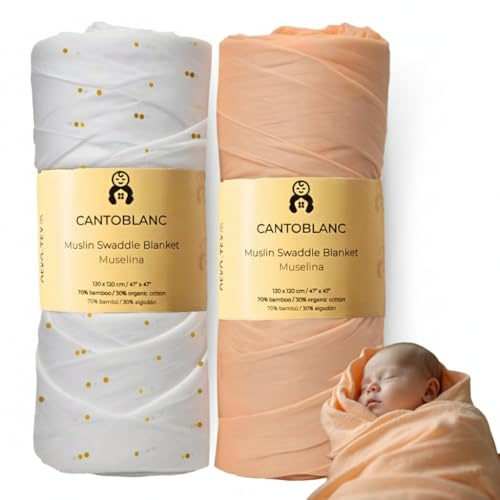 Cantoblanc® Pucktuch Musselin Tuch Baby 120x120 cm Bio-Baumwolle Bambus. Groß Swaddle Blanket für Junge und Mädchen Neugeborene. (2, Lachsfarben, Farbige Punkte, 120 x 120 cm)