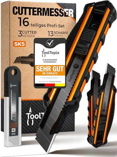 3x Profi Cuttermesser Set – Robuste Cutter Messer & Teppichmesser mit 10 SK5 Cuttermesser Klingen I Vielseitiges Handwerkzeug & Präzisions Utility Knife für Handwerker & Heimwerker ToolTopia