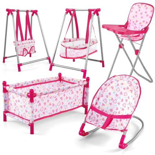 deAO 5-in-1 Babypuppen-Spielset mit Hochstuhl, Bett, Schaukel und Schaukelstuhl, Babypuppen-Set für Rollenspiel, Geschenk für Mädchen ab 3 Jahren, Rosa (No Puppen)