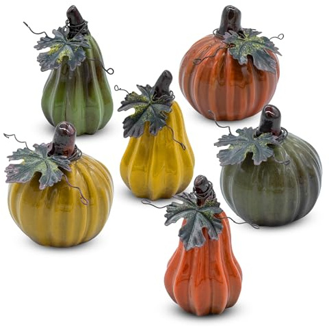 Deko Kürbis aus Steinzeug farbig lasiert für Außen und Innen - 6er Set - Herbstdeko Zierkürbis aus Ton zum Hinstellen 8cm und 10cm - Herbst Halloween Weihnachten Erntedank Tischdeko Dekokürbis