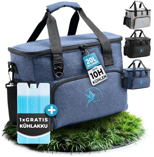 Obics® Kühltasche 20L faltbar - Einkaufstasche & Lunch-Tasche klein blau mit Kühl-Akku - Gefriertasche & Kühlbox Picknick-Tasche isoliert - Thermotasche Essenstasche Auto, Arbeit, Einkaufen, Baustelle