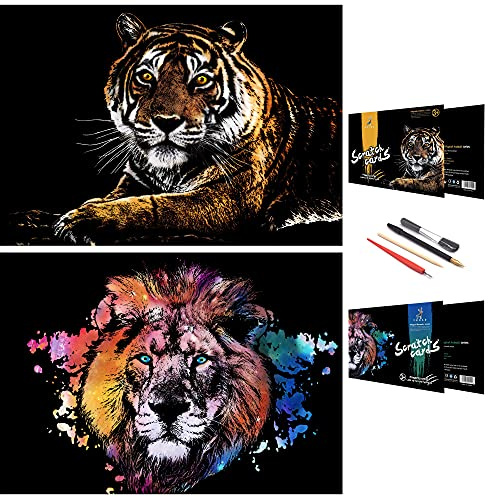 SiYear Scratch Painting Kunstdruckpapier, Animal Series Scratchboard für Kinder & Erwachsene, Geschenke & Kunsthandwerk Kits mit 4 Werkzeugen, Größe: 16''x11 '' (Tiger & Lion)