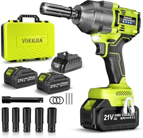 VOERJIA Akku Schlagschrauber 1000Nm - 21V Bürstenloser Drehschlagschrauber (1050Nm Lösemoment) mit 2x 4.0Ah Akku, 1/2 Zoll Impact Wrench Set für LKW, PKW, Traktor & Reifenwechsel, inkl. 5 Stecknüssen