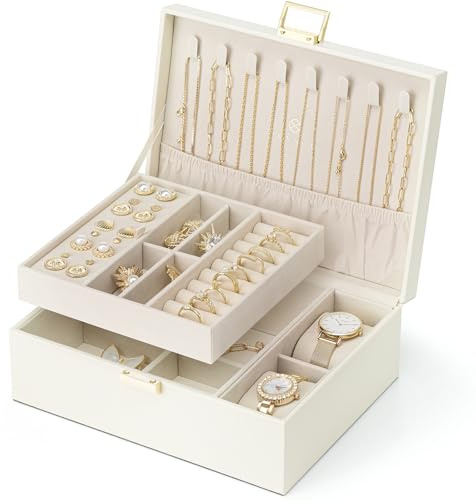 VLANDO Schmuckkästchen für Damen Mädchen, 2 Ebenen Schmuckaufbewahrung Leder, Schmuckkasten mit 2 Uhrenkissen, Schmuck Organizer, Schmuckschatulle, Geschenkidee, für Uhren, Ringe Ohrringe Halsketten