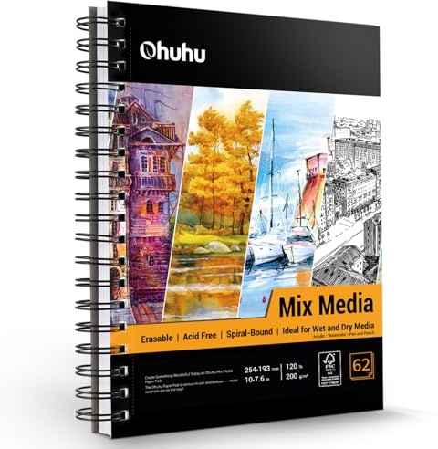 Ohuhu Skizzenbuch Mischtechnik im Hochformat - 200g/m² säurefreier Künstlerblock (62 Blatt), Spiralbindung für Nass- & Trockentechniken, ideal für Aquarell, Acryl, Bleistift & Pastell - 25 x 18 cm
