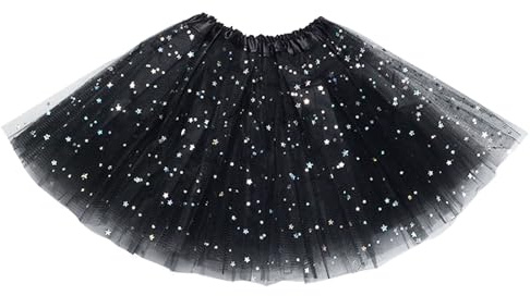 EUPSIIU Tütü Star Minirock, Tüllrock Kinder Mädchen Röcke Tutu, Prinzessin Tüllrock, 3 Schichten Tüll Paillette Ballett Tanz Rock für Karneval Geburtstag Halloween Party (Schwarz)