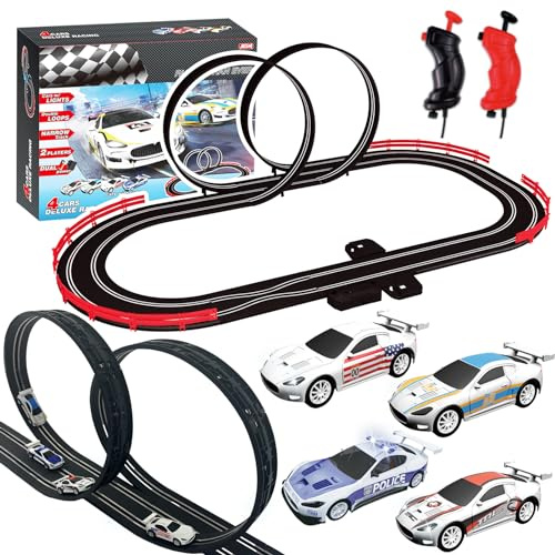 AGM MASTECH Slotcar-Rennbahn-Sets mit 4 exquisiten Slotcars, Batterie- oder Elektroautobahn, 2 Controllern, Rundenzähler, Geschenkspielzeug für Jungen und Mädchen im Alter von 4–8 8–12