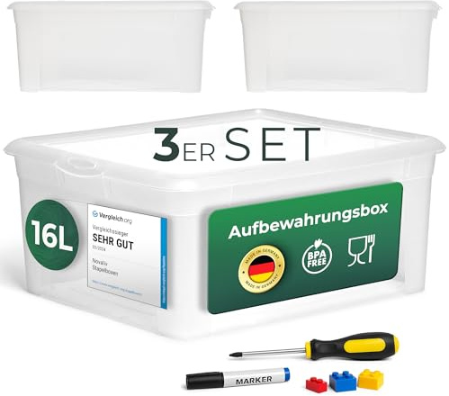 Novaliv 3x Aufbewahrungsboxen mit Deckel 16L transparente Boxen stapelbare Nestbar Storage boxes mit Clipverschluss Kunststoff BPA-frei 41x34x17 cm