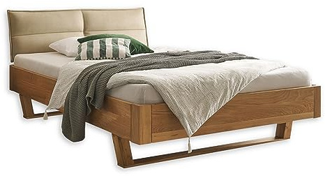 TJARK Modernes Massivholzbett 140x200, Eiche - Komfortables & hochwertiges Balkenbett mit gepolstertem Kopfteil - 146 x 89 x 219 cm (B/H/T)