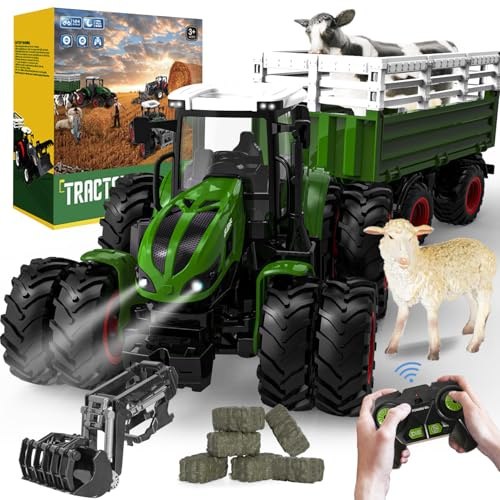 Ferngesteuerter Traktor Ferngesteuert mit anhänger, Traktor Spielzeug ab 3 Jahre, 2.4 GHz RC Trecker Spielzeug mit Fernbedienung, Kuh und Schaf, Geschenk ab 3 4 6 Jahre