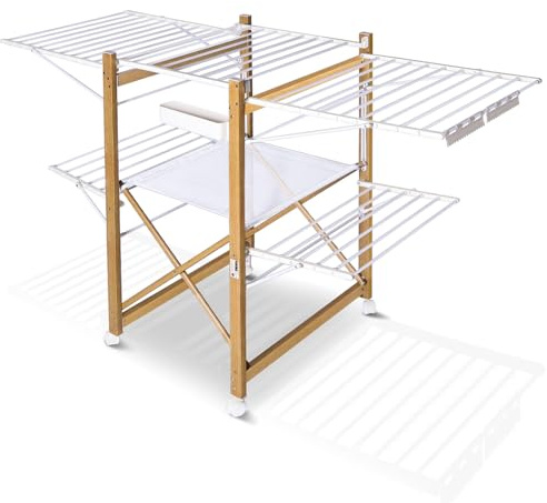 VOUNOT® Wäscheständer ausziehbar, Standtrockner aus Rostfreier Stahl, Flügelwäschetrockner Wäschetrockner mit Rollen & Trockenlänge 30m, platzsparend, klappbar 180x61x105cm, Weiß