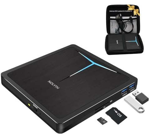 NOLYTH Externes DVD Laufwerk für Laptop: CD Laufwerk Extern USB 3.0 DVD Brenner Extern USB-C für Windows 11 PC Mac MacBook mit USB Ports SD TF Slot & Tasche Tragbar Externe Optische Laufwerke