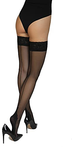 Annes styling Damen - Halterlose Strümpfe Für Damen Mit Rückennaht, Dessous Damen Sexy Reizwäsche, Elegante Nylon Spitzenstrümpfe, Rutschfeste Strümpfe Mit Silikon Schwarz TG 3/4