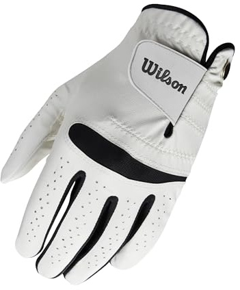 Wilson Feel Plus Herren-Golfhandschuh, Premium-Leder, Verbesserter Grip und Schweißkontrolle, Weiß/Schwarz, Größe L (Rechte Hand)