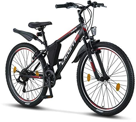 Licorne Bike Guide Premium Mountainbike in 20, 24, 26, 27.5 und 29 Zoll Fahrrad für Mädchen Jungen Herren und Damen (26 Zoll, Schwarz/Rot/Grau)