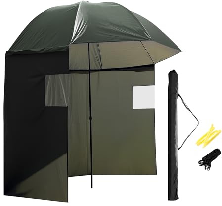 Wiltec Angelschirm 250cm mit Seitenwand und zwei Sichtfenstern Schirmzelt als Windschutz beim Angeln Regenschirm Angel Schirm Zelt Sonnenschirm