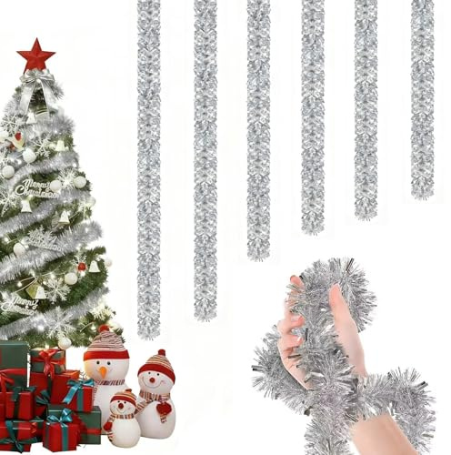 Weihnachten Lametta Girlande, 6 Stück x 2M Glänzende Lametta, Weihnachtsbaum Girlande Festlich, Weihnachtsschmuck Baum Dekoration für Weihnachtsfest (Silver)