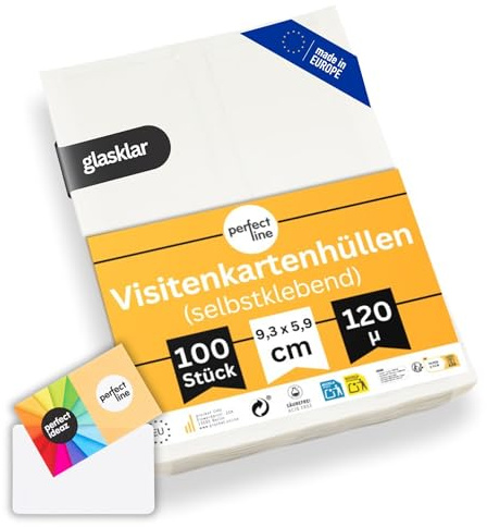perfect line - 100 Visiten-Karten-Hüllen - selbstklebend, Innenmaß von 93 x 59 mm - Transparent, Glasklar - dokumentenecht, säurefrei - Made in EU