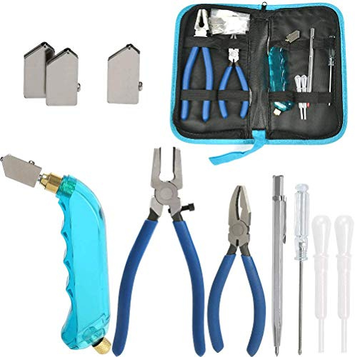 DODUOS Professioneller Glasschneider Set - Öl-Feed Cutter mit Schneidkopf 2 Größen, Fugenzange Pliers, Öltropfer, Skulpturenstift, Schraubendreher, Tasche - Glas Cutter für Glass Akkurate Schnitte