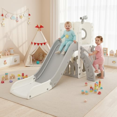 Kinderrutsche, Indoor & Outdoor Rutsche ab 1 Jahre, Freistehende Rutsche mit Stauraum & Spielteleskope, Gartenrutsche, Kinder Spielplatz, mit 2PCS Moduls, Grau Weiß
