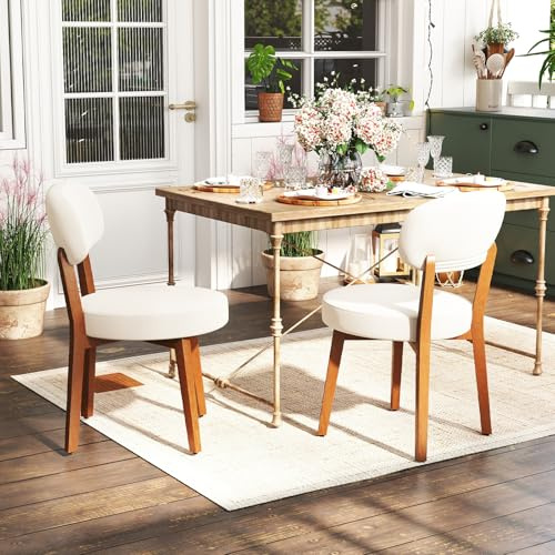 Ckaff Esszimmerstühle 2er Set, Küchenstuhl Polsterstuhl Wohnzimmerstuhl mit Rückenlehne und Beine aus Massivholz, Stuhl Esszimmer aus Leinen für Esszimmer Wohnzimmer Schlafzimmer, Beige