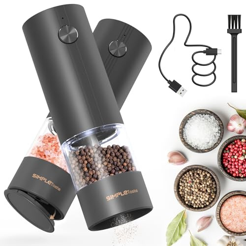 Salz und Pfeffermühle Elektrisch, SIMPLETASTE Gewürzmühle USB Wiederaufladbar Akku Salz und Pfefferstreuer 2er Set mit Keramikmahlwerk Grinder