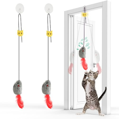 FYNIGO 2 Stück Katzenspielzeug Selbstbeschäftigung Hängende Türrahmen Elastische Maus mit Quietschgeräusch, Keine Batterien erforderlich, interaktives Katzenspielzeug Maus mit Federschwanz