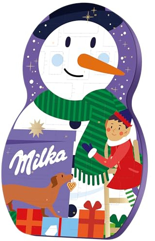 Milka Snow Mix Adventskalender – Bunter Weihnachtskalender mit Schokolade, Kugeln & gefüllter Schneemann-Figur – 236g