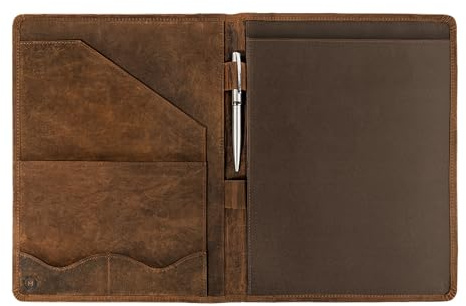 Moonster Leder Portfolio - Vintage Ledermappe A4 Dokumente - Klemmbrett - Dokumentenmappe - Aktenmappe - Konferenzmappe - Schreibmappe A4 Leder Braun, 33 x 25 cm
