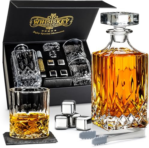 WHISISKEY Whiskey Karaffe Set - Whiskey Geschenkset - Geschenke für Männer - Männergeschenke Geschenk - Geburtstagsgeschenk Mann - Klassische Dekanter 700ML, 2 Whisky Gläser, 4 Whisky Steine