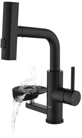Küchenarmatur Schwarz Mynaiad mit Glasspüler, Ausziehbarer Einhebelmischer mit Drei-Auslauf-Modi, Wasserhahn Küche aus 304-Edelstahl Armatur, 360°-Drehung für das Bad, Bar und Küche