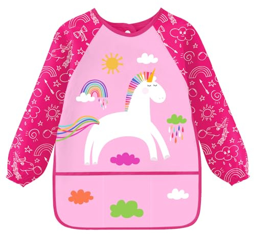 Malkittel Kinder 3-8 jahre, Malschürze Kinder Einhorn Dinosaurier, Bastelschürze Kinder mit 3 Taschen, Malkittel schule 1, Klasse Mädchen Jungen, für Schule Basteln Malen Backen Kochen, Länge 58cm