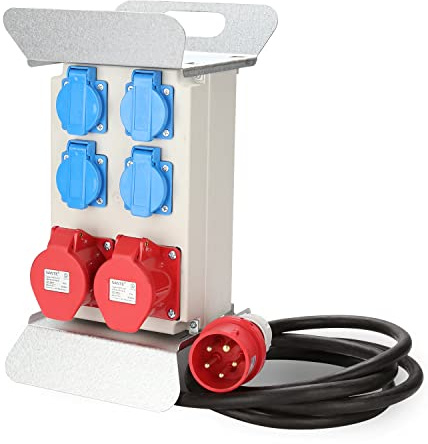 Herrselsam Stromverteiler, 2x CEE 16A 400V + 4x 230V Schuko IP44 5-polig mit 2,5m Stromversorgungskabel, Baustelle innen-außen