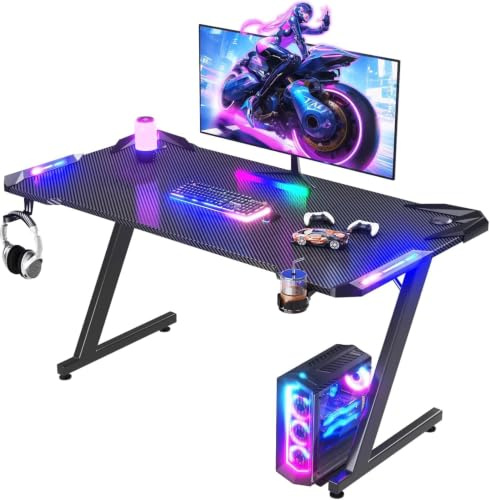 JUMMICO 120 x 60 cm Gaming Tisch mit LED-Beleuchtung, RGB Gaming Tisch | Stabiler Computertisch für Homeoffice und Gamer,Gaming Schreibtisch mit Kopfhörerhalterung und Getränkehalter, Schwarz