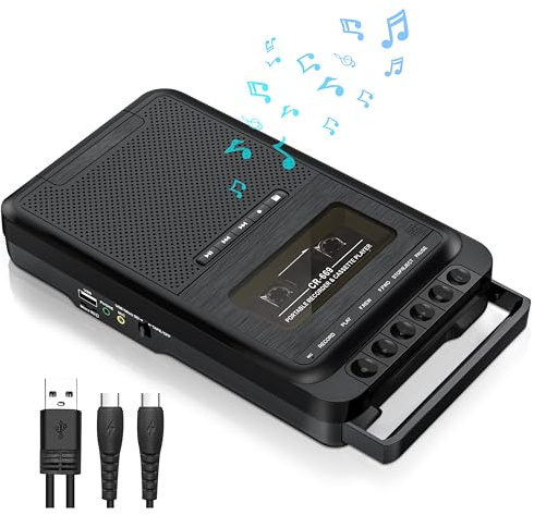 Tragbarer Kassettenspieler Kassettenrekorder,Aufnahme auf Kassetten/USB/SD-Karte über Mikrofon, Kassette zu MP3-Musik über USB/SD-Karte/PC, Kassettenrekorder mit ausziehbarem Griff (Schwarz)