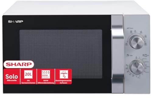 Sharp R204WA Solo-Mikrowelle,20 L,800 W,6 Leistungsstufen,Timer von 30 Minuten bis 00 Sekunden,Weiß
