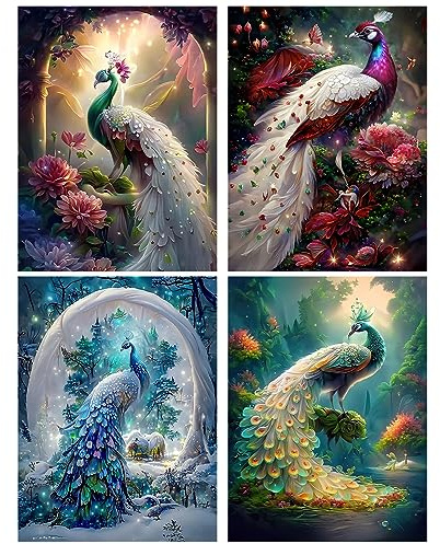 HEIBAGO Diamond Painting Pfau, 4 Pack Pfau Diamant Painting Bilder für Erwachsene, Full Drill Diamond Art Tiere Diamant Malerei Set für Heimdecor 30x40cm