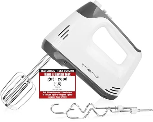 EMERIO elektrischer Handmixer Handrührer Mixer Handrührgerät mit 400 Watt 5 Geschwindigkeiten & Turbotaste extra lange Schneebesen + Knethaken aus Edelstahl (geschirrspülgeeignet) BPA-frei HM-130365