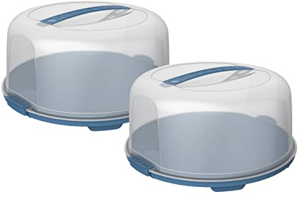 Rotho Aufbewahrungsbox Fresh 2er-Set Tortenglocke rund transparent/blau | Kuchenbehälter mit Tragegriff, hohe runde Form, sicherer Transport, leicht zu reinigen, für Torten, transparent/blau