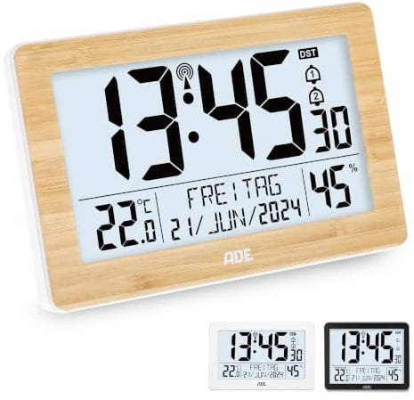 ADE Digitale XL-Funkuhr mit sehr großen Ziffern | Tischuhr mit 2 Weckzeiten und Beleuchtung | Thermometer Hygrometer | schmaler Rahmen aus echtem Bambus