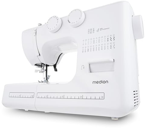 MEDION Freiarm-Nähmaschine SM60 (60 Watt, 60 verschiedene Stichmuster mit Knopflöchern, LED Nählicht, automatischer Einfädler, Rückwärtstaste, Fadenschneider, MD10689) weiß