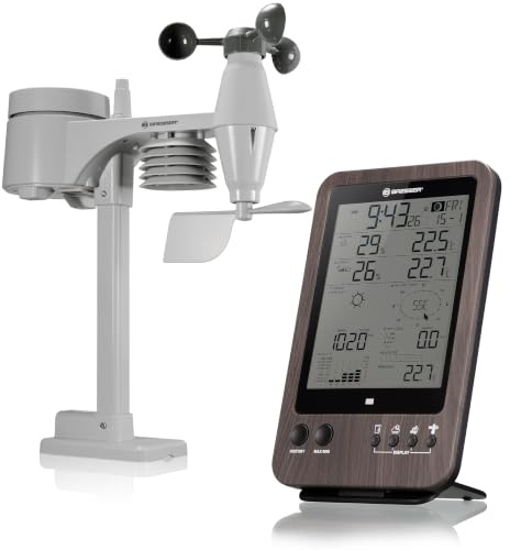 Bresser Wetterstation Funk mit Außensensor Wetter Center 5-in-1, Holz | Temperatur, Luftfeuchtigkeit, Regenmesser, Windmesser, Wettervorhersage, Luftdruck, Historie, Frostwarnung