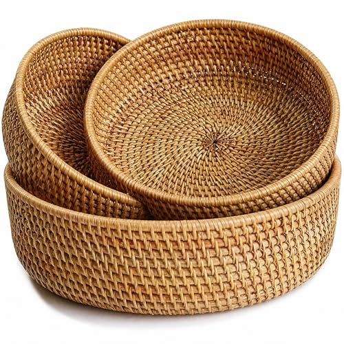 Runde Rattan Obstkörbe, Natürlicher Korbfruchtschalen, Geflochtene Aufbewahrungskörbe für Esszimmer (3er-Set)